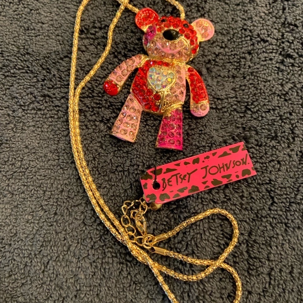 On sale!  BJ pink/ red rhinestone teddy bear necklace, 12” drop.